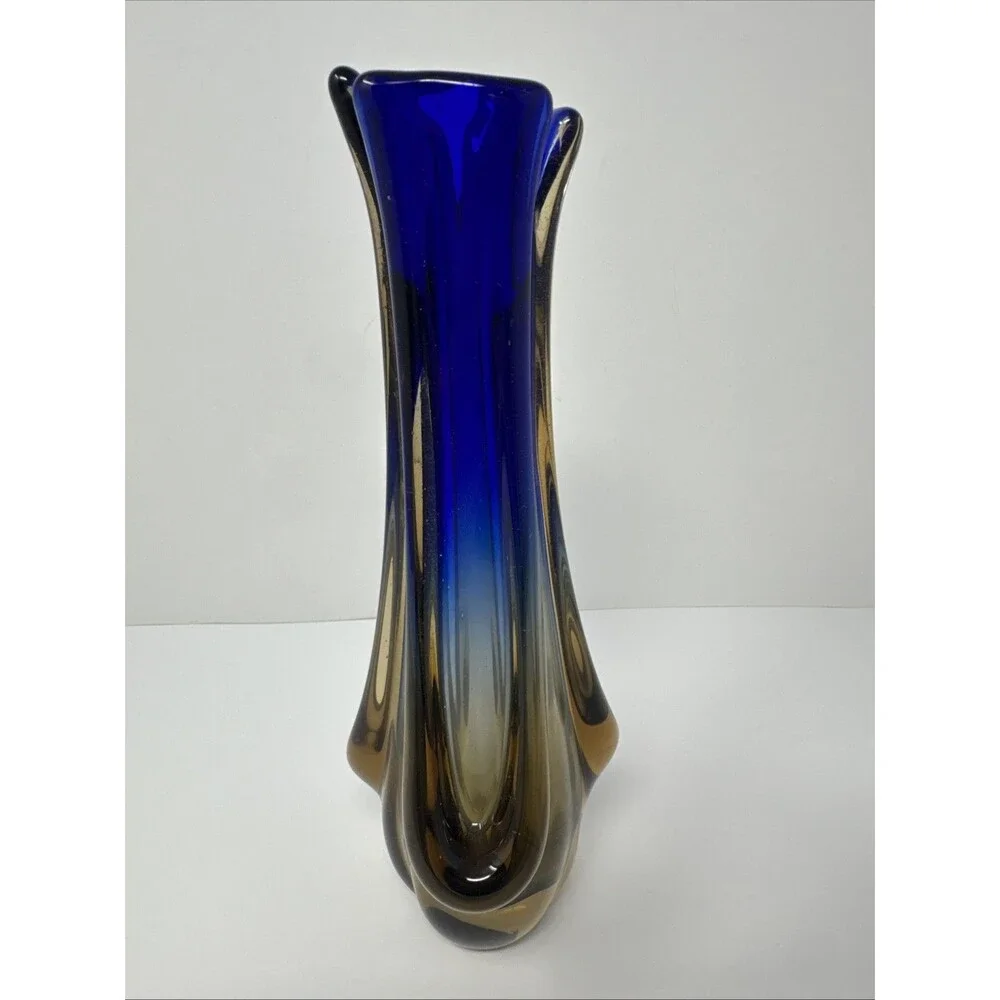 Vintage Murano? Style Sommerso MCM Blue & Amber Submerged Art Glass Vase